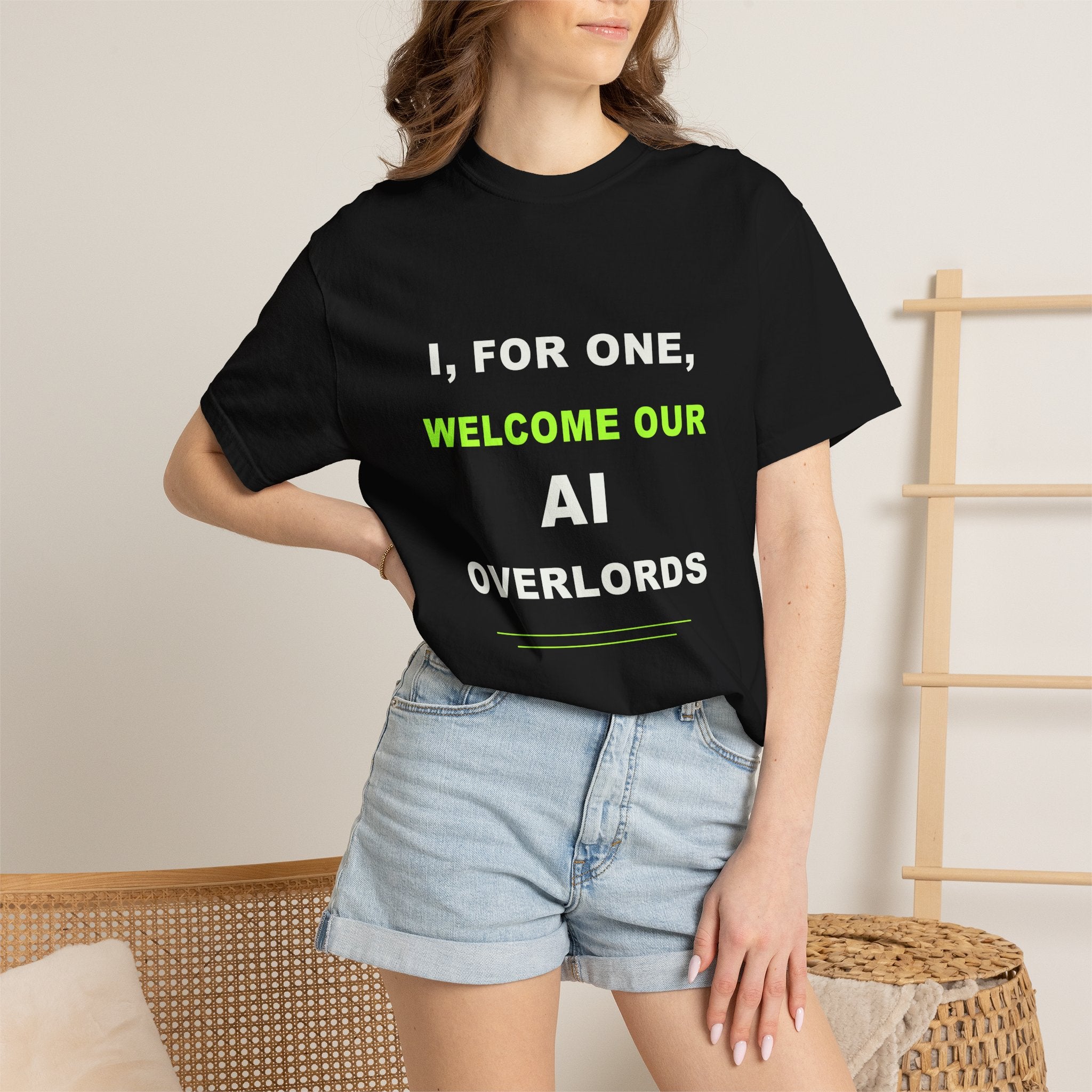 Model wearing the I, For One, Welcome Our AI Overlords T-shirt from Singularity Merch.